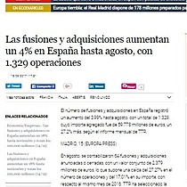 Las fusiones y adquisiciones aumentan un 4% en Espaa hasta agosto, con 1.329 operaciones